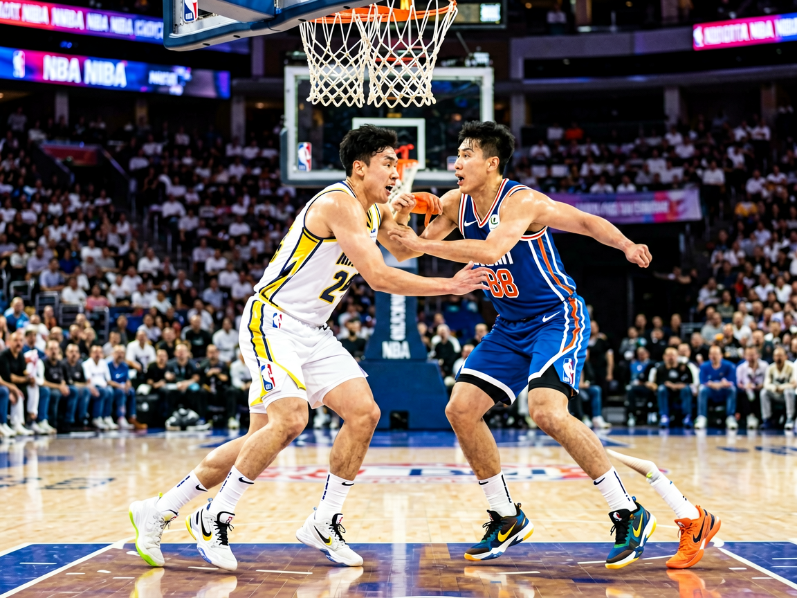 NBA常规赛比赛现场，球员在球场上激烈争夺